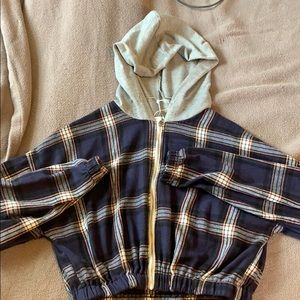 plaid crop zip up jacket with hood